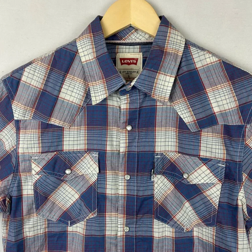 Levi's Plaid Pearl Snap Short Sleeve Button Up Shirt Blue/Red Men's Size S